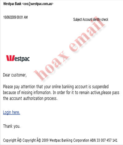 Hoax email example 30 June 2008