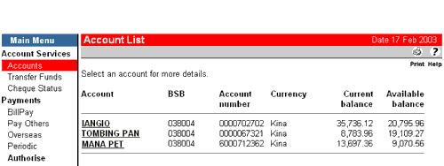 Screenshot of account list in online banking