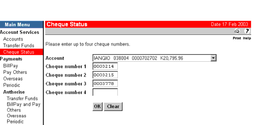 Screenshot of cheque status in online banking