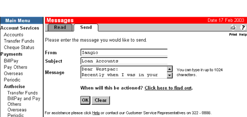 Screenshot of sending a message in online banking