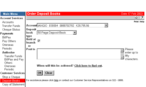 Screenshot of ordering deposit books in online banking