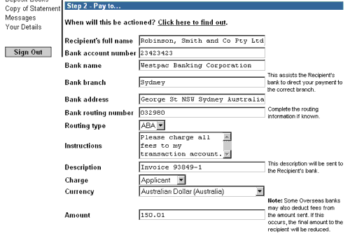 Screenshot of step 2 of making an overseas payment in online banking