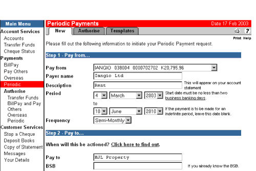 Screenshot of making a periodic payment in online banking