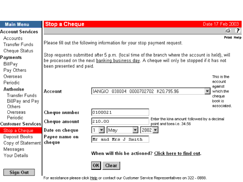 Screenshot of stopping a cheque in online banking